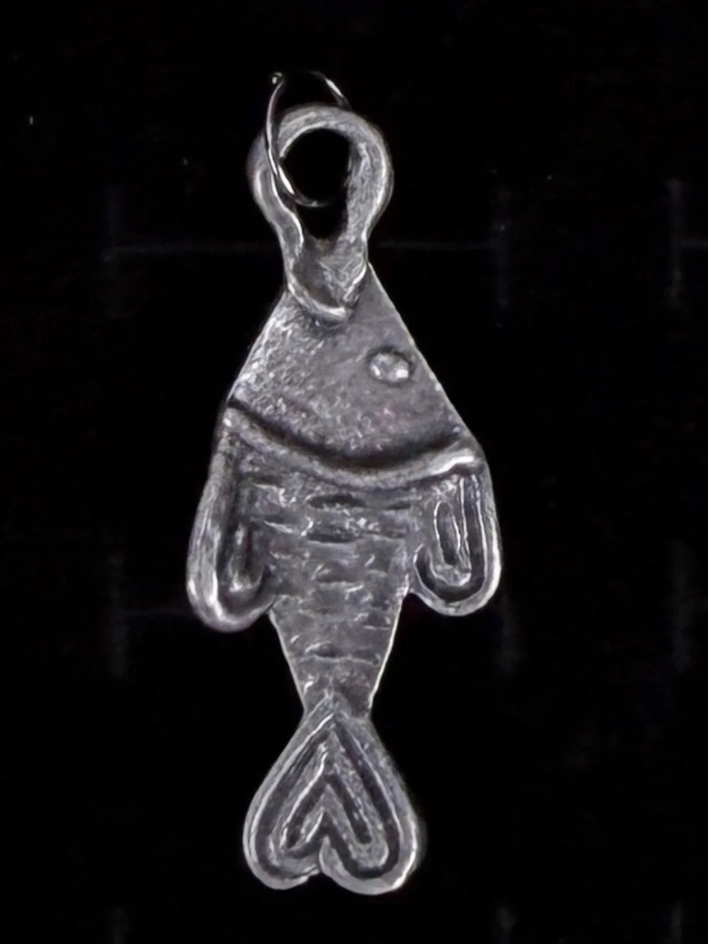 Vintage aged silvertone carved fish pendant + free 16” cord necklace